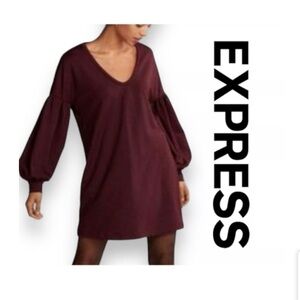 Express Wine Balloon Sleeve‎ V Neck Shift Dress